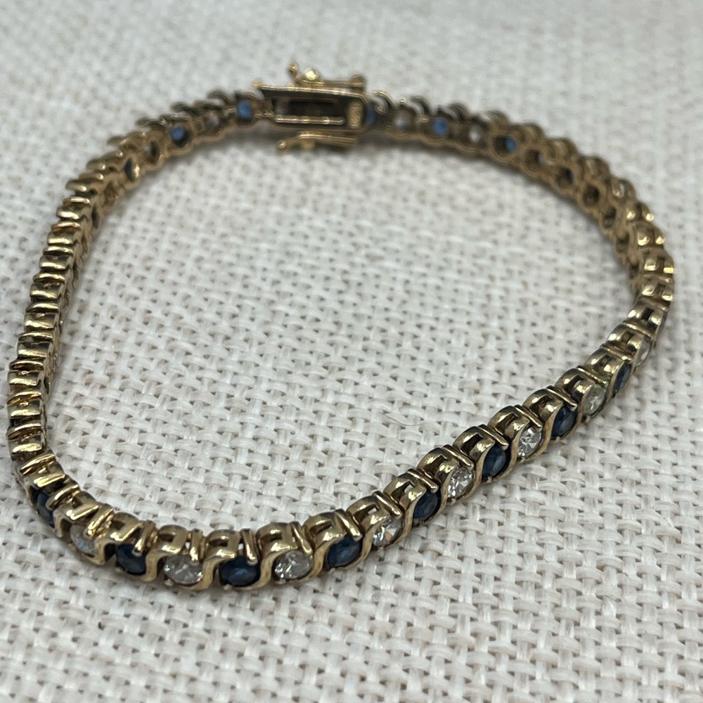 Vintage Estate Gold Over Sterling Silver Tennis Bracelet Sapphire Clear CZ 7.25" - Picture 6 of 16